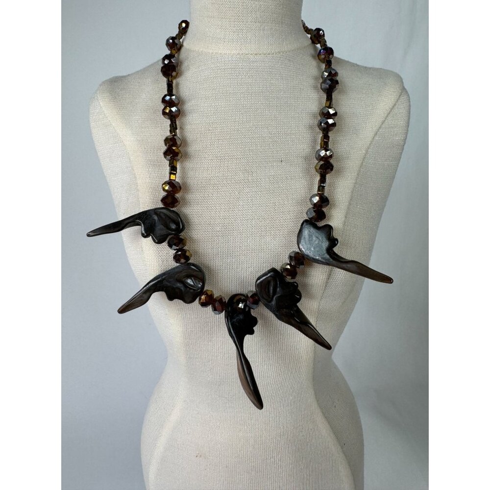 Handcrafted Smoky Quartz & Carved Stone Necklace With Toggle Clasp